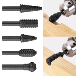5pcs 1/4" steel rotary burr drill bit set for woodworking, knife carving, grinding, polishing, and engraving