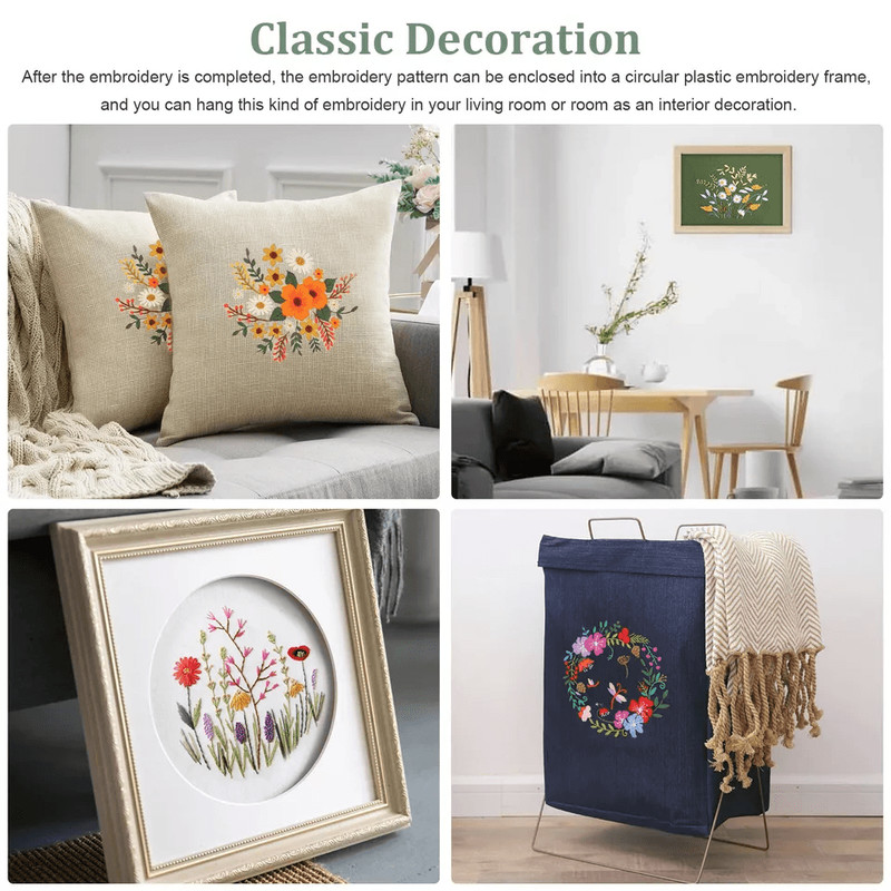 Beginner Cross Stitch Embroidery Starter Kit DIY Stamped Kits With Hoops Threads Floral Patterns 5