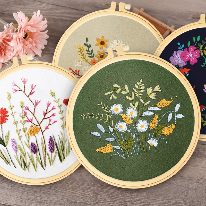 Beginner Cross Stitch Embroidery Starter Kit DIY Stamped Kits With Hoops Threads Floral Patterns 1
