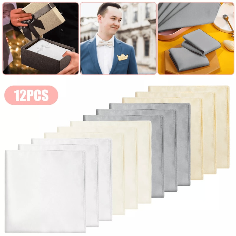 12Pcs Solid Satin Men Handkerchiefs Hanky Pocket Square Set Classic Vintage Plain Hankies For Suit 0