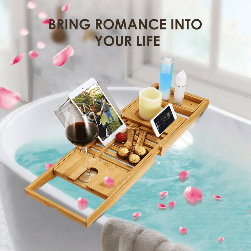 Bamboo Bath Tray Table Bathtub Caddy Tray Adjustable Over The Tub Shelf Bath Holder Desk With Wine 3