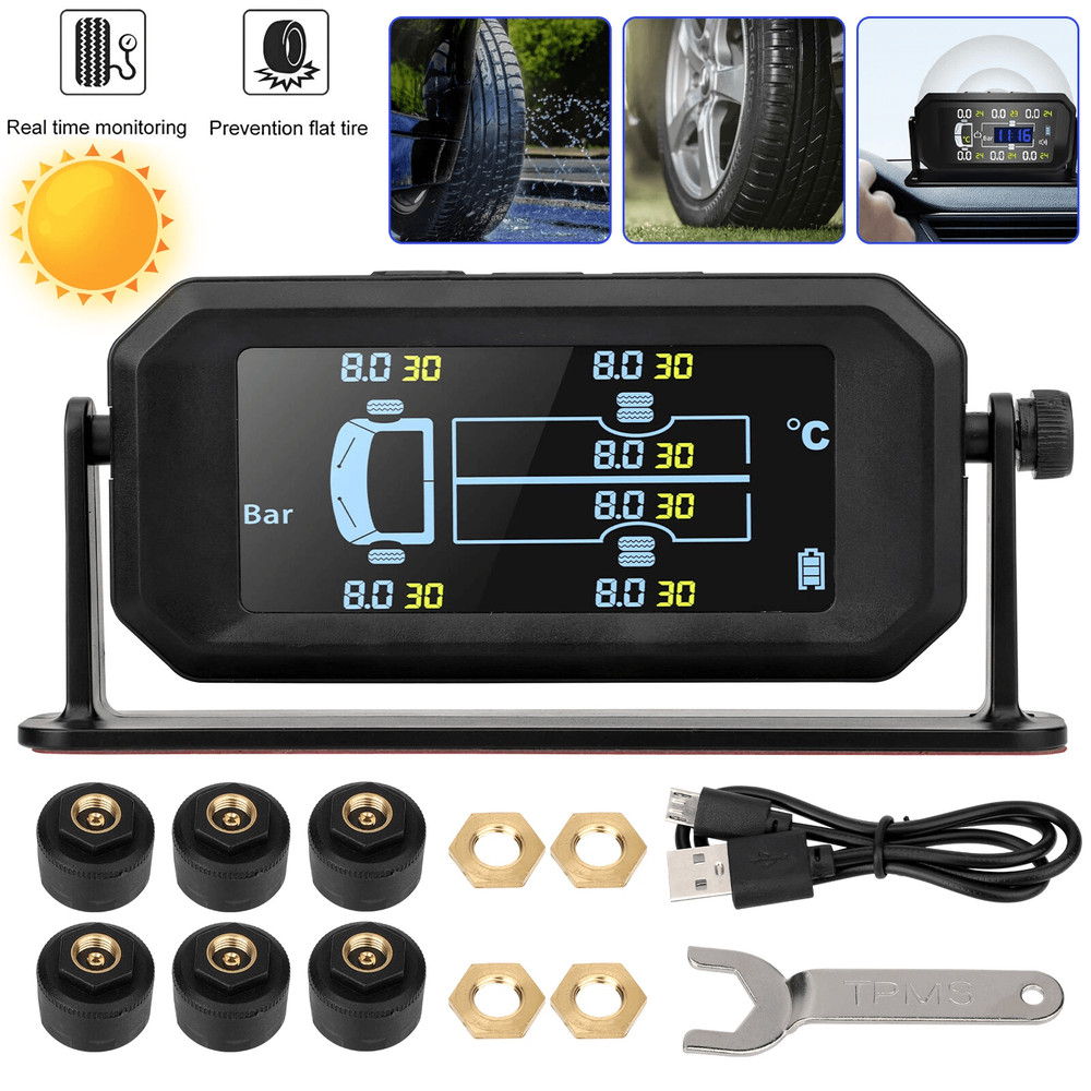 Wireless Solar TPMS LCD Car Tire Pressure Monitoring System With External Sensors RealTime Pressure 0