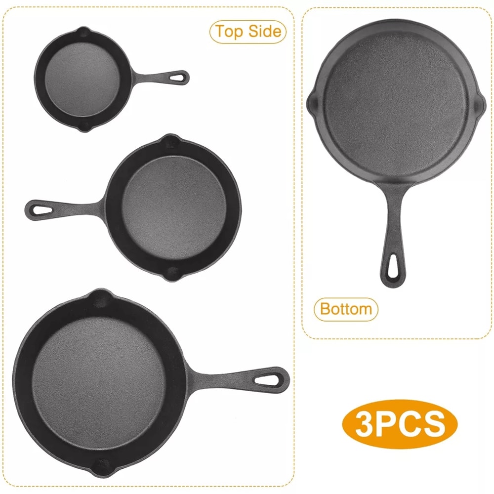 Cast Iron Skillet Set PreSeasoned 3 Piece NonStick OvenSafe Frying Pan Set For Kitchen Grill Or Cam 7