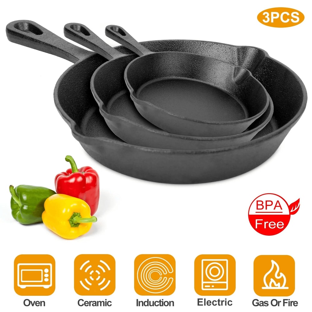Cast Iron Skillet Set PreSeasoned 3 Piece NonStick OvenSafe Frying Pan Set For Kitchen Grill Or Cam 0