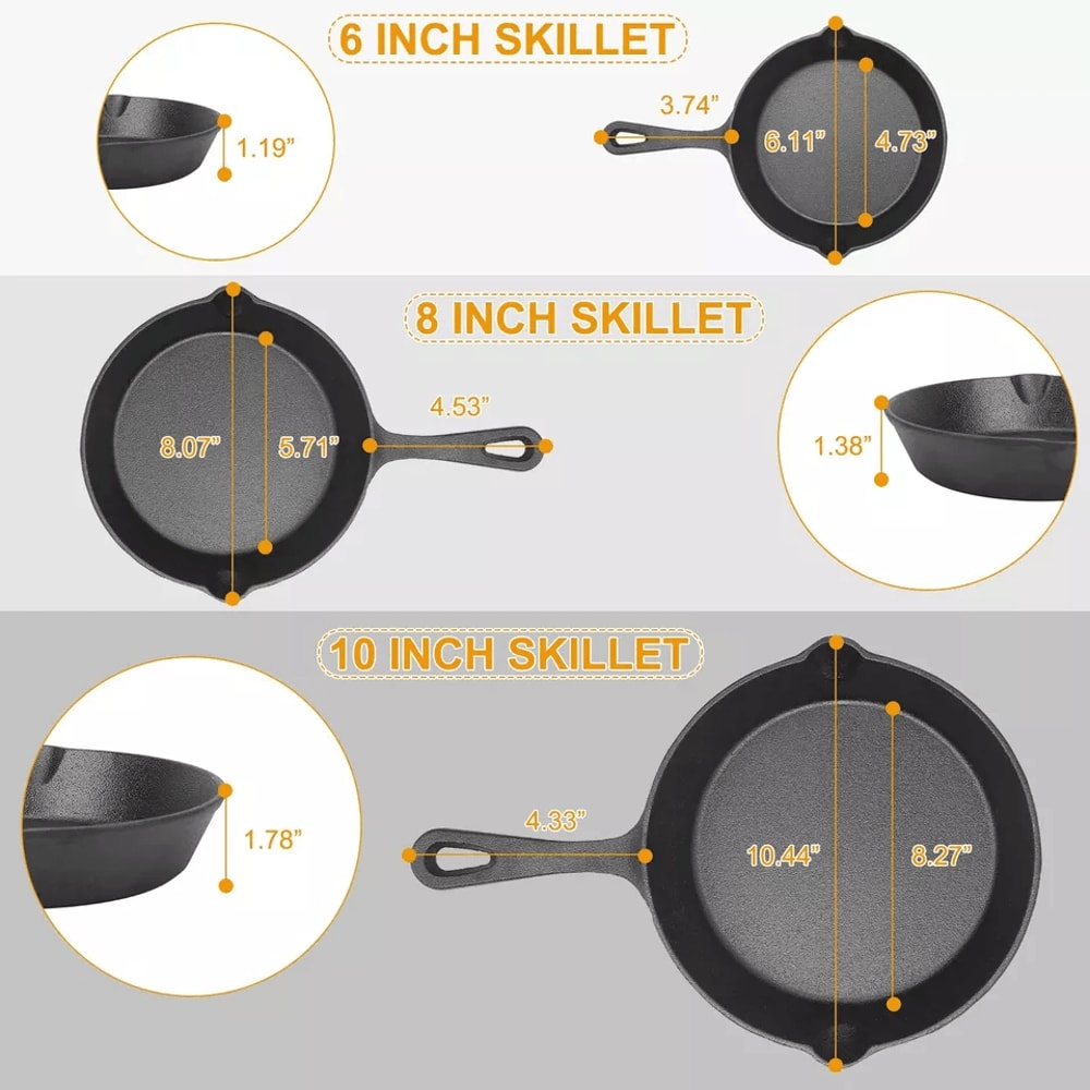 Cast Iron Skillet Set PreSeasoned 3 Piece NonStick OvenSafe Frying Pan Set For Kitchen Grill Or Cam 5