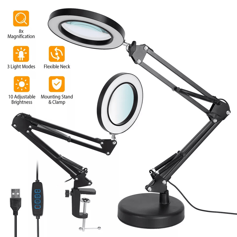 Magnifier LED Lamp Magnifying Glass Desk Table Reading Light With Clamp Stand For Crafts Hobbies W 0