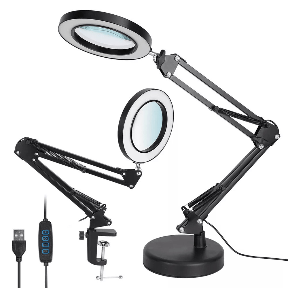 Magnifier LED Lamp Magnifying Glass Desk Table Reading Light With Clamp Stand For Crafts Hobbies W 10