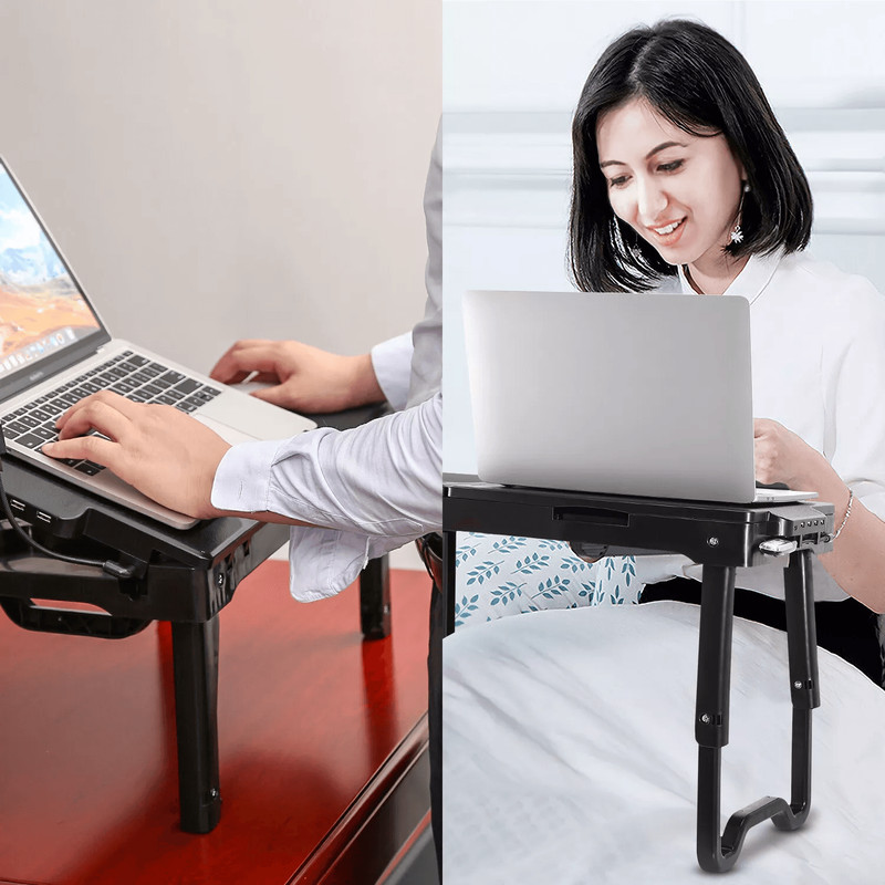 Foldable Laptop Table Stand For Bed Sofa With USB Ports LED Lamp Cooling Fan Portable Adjustable Tr 5