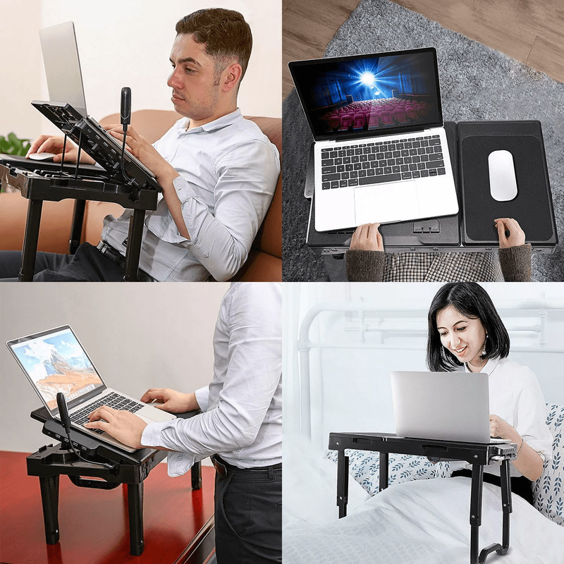 Foldable Laptop Table Stand For Bed Sofa With USB Ports LED Lamp Cooling Fan Portable Adjustable Tr 8