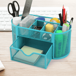 desk organizer metal mesh pen pencil holder tray, office desktop storage blue