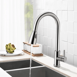 brushed nickel swivel kitchen sink faucet with flexible pull out sprayer, single handle mixer tap for hot & cold water