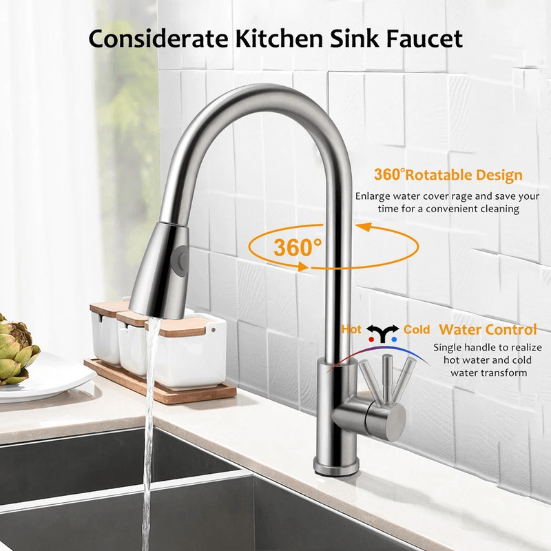 Brushed Nickel Swivel Kitchen Sink Faucet With Flexible Pull Out Sprayer Single Handle Mixer Tap Fo 4