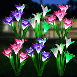 solar lily flower garden lights, led outdoor pathway yard decor lamp, 7-color changing