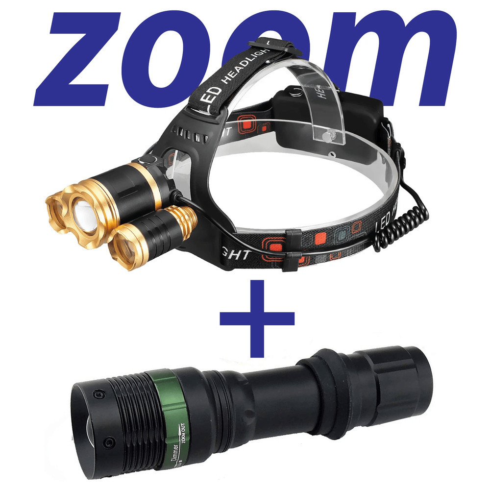 Powerful Headlamp Flashlight Combo Set Zoomable LED 18650 Torch With Rechargeable Battery Car Cha 0