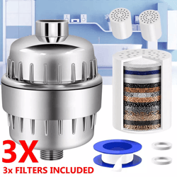 high output 20-stage shower filter with 3 cartridges, ideal for hard water treatment