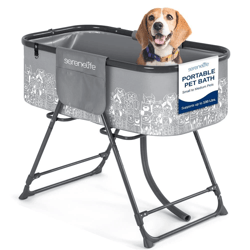 foldable dog bath tub with drain & side pockets, portable elevated pet grooming station