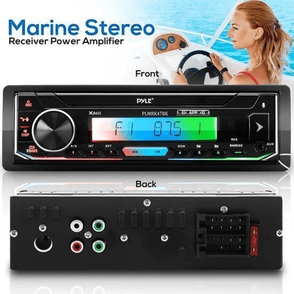 Pyle Marine Stereo Receiver Amplifier With Bluetooth Single DIN Audio System Dual Waterproof Speake