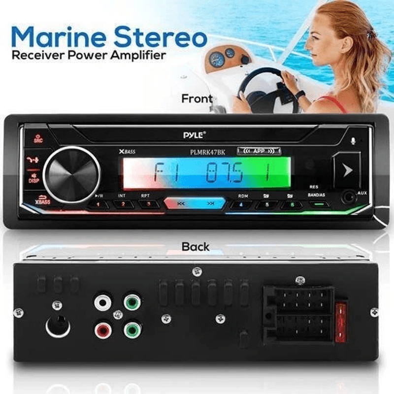 Pyle Marine Stereo Receiver Amplifier With Bluetooth Single DIN Audio System Dual Waterproof Speake