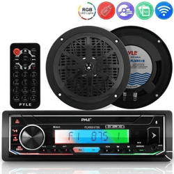pyle marine stereo receiver amplifier with bluetooth, single din audio system, dual waterproof speakers, ideal for boats