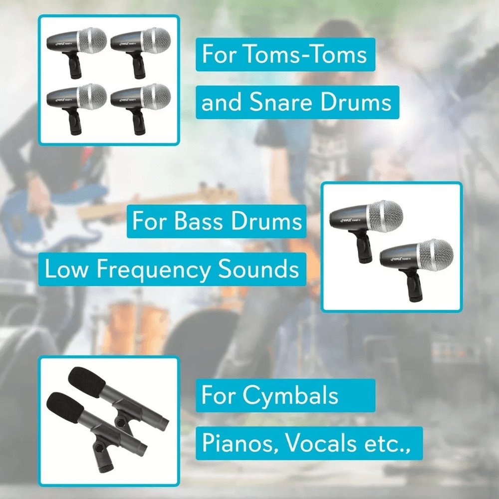 Pyle Pro Microphone Wired Drum Kit With Adjustable StandMount Full Instrument Mic Set For Drums Cym 6