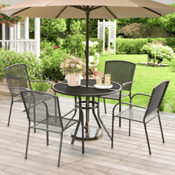 5-piece metal outdoor dining set round table stackable chairs, grey patio furniture for garden, deck, backyard, bistro