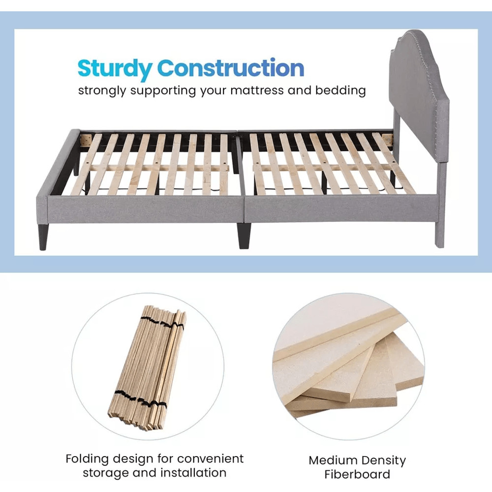 Modern Upholstered Platform Bed Frame With Linen Fabric Headboard Durable Wooden Slats Heavy Duty 3