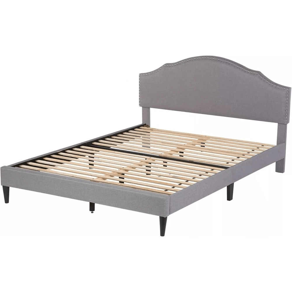 Modern Upholstered Platform Bed Frame With Linen Fabric Headboard Durable Wooden Slats Heavy Duty 6