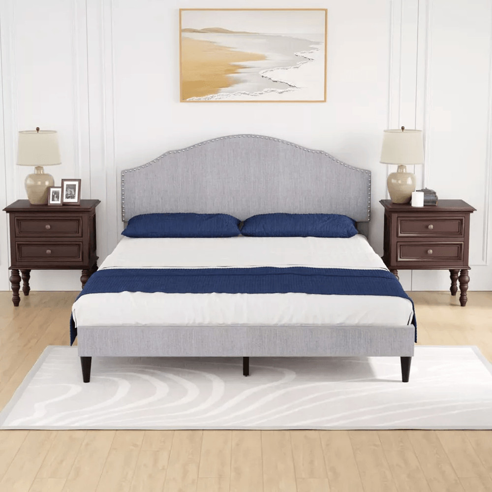 Modern Upholstered Platform Bed Frame With Linen Fabric Headboard Durable Wooden Slats Heavy Duty 8