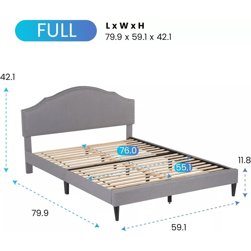 Modern Upholstered Platform Bed Frame With Linen Fabric Headboard Durable Wooden Slats Heavy Duty 4