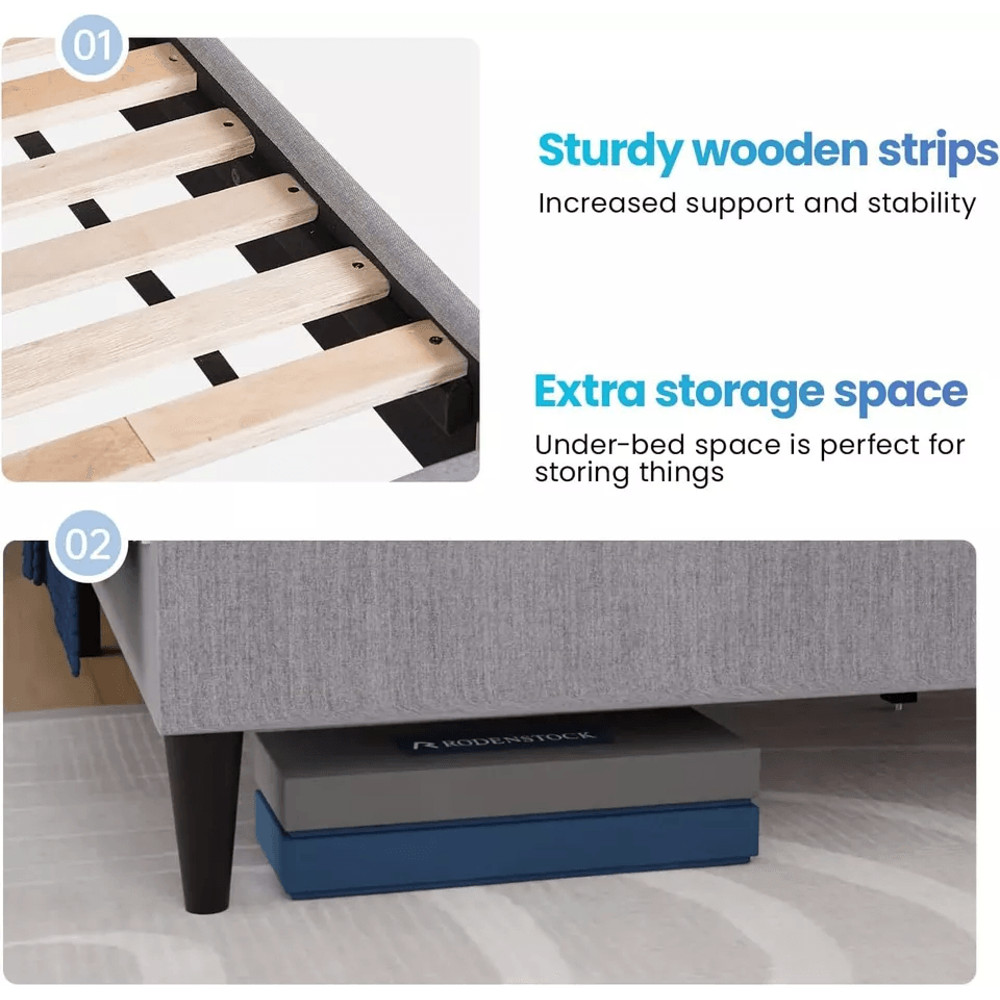 Modern Upholstered Platform Bed Frame With Linen Fabric Headboard Durable Wooden Slats Heavy Duty 15