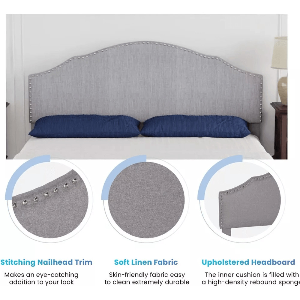 Modern Upholstered Platform Bed Frame With Linen Fabric Headboard Durable Wooden Slats Heavy Duty 5