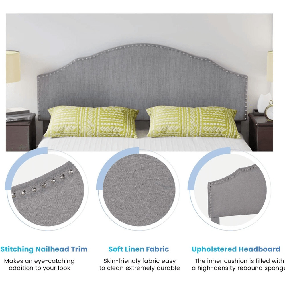 Modern Upholstered Platform Bed Frame With Linen Fabric Headboard Durable Wooden Slats Heavy Duty 14