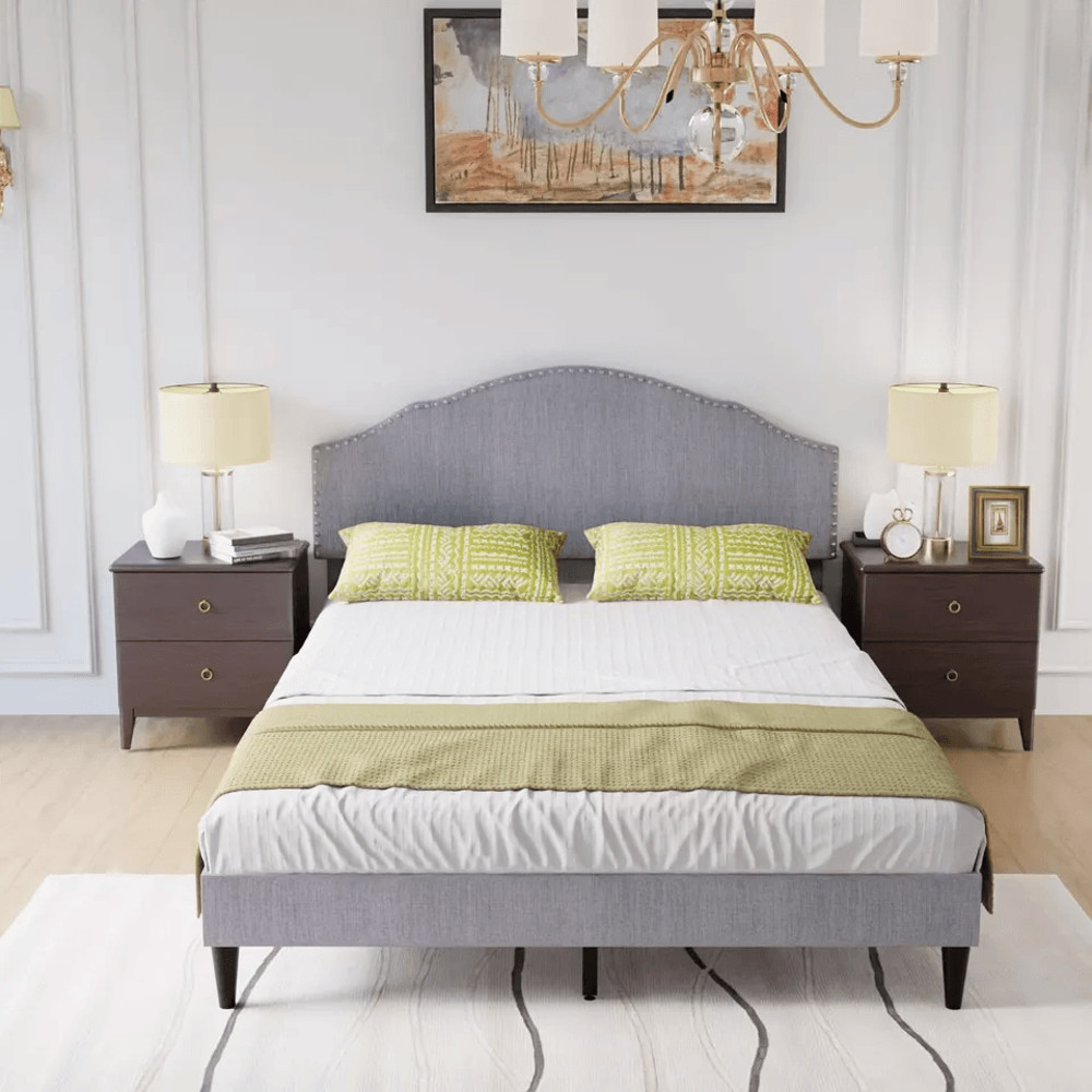 Modern Upholstered Platform Bed Frame With Linen Fabric Headboard Durable Wooden Slats Heavy Duty 12