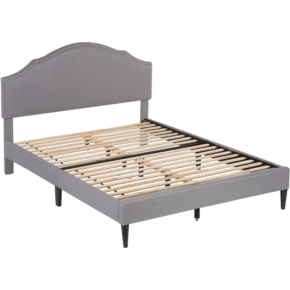 Modern Upholstered Platform Bed Frame With Linen Fabric Headboard Durable Wooden Slats Heavy Duty 0