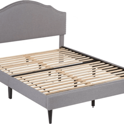 modern upholstered platform bed frame with linen fabric headboard & durable wooden slats, heavy duty no box spring