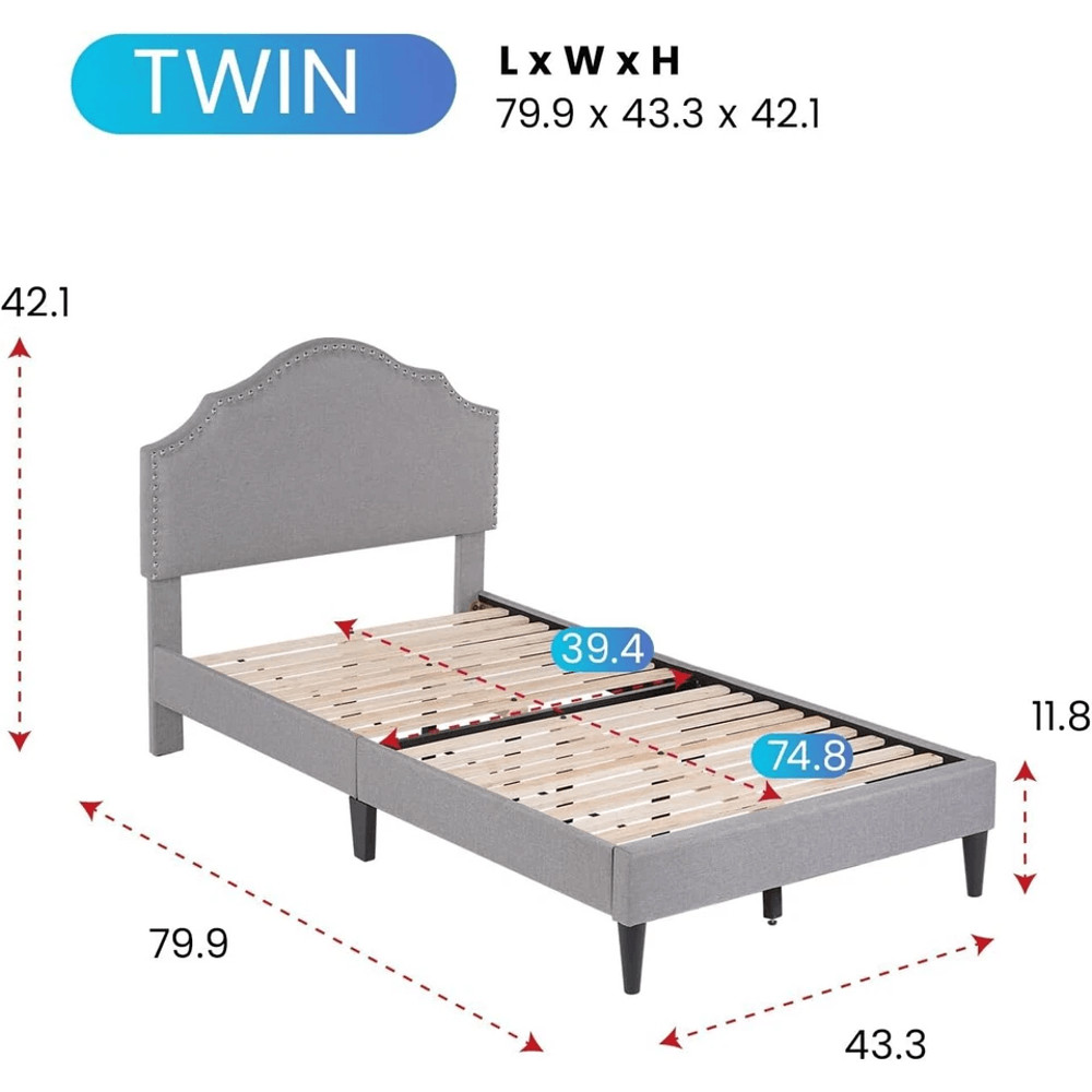 Modern Upholstered Platform Bed Frame With Linen Fabric Headboard Durable Wooden Slats Heavy Duty 17