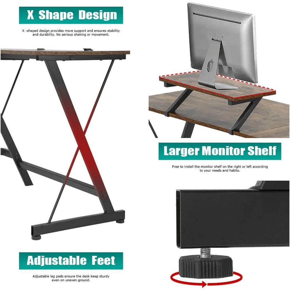L Shaped Computer Desk With Large Monitor Stand Home Office Gaming Workstation 3