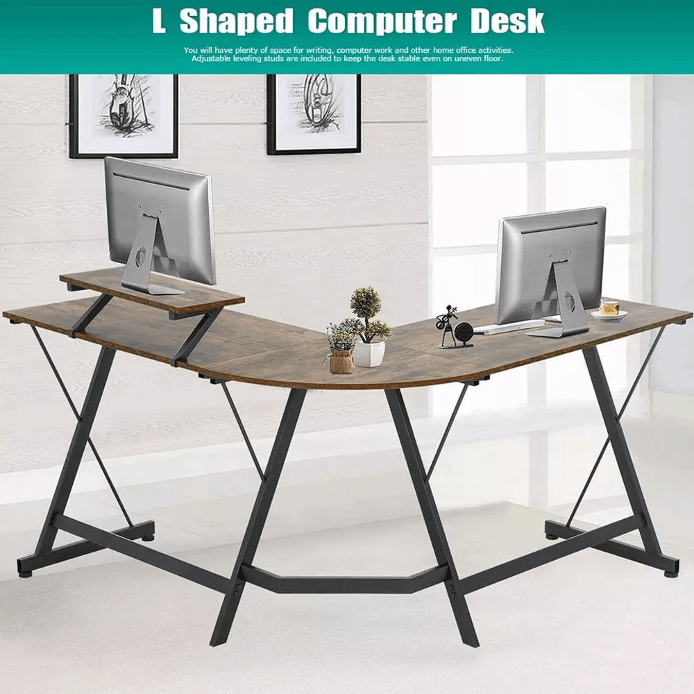 L Shaped Computer Desk With Large Monitor Stand Home Office Gaming Workstation 1