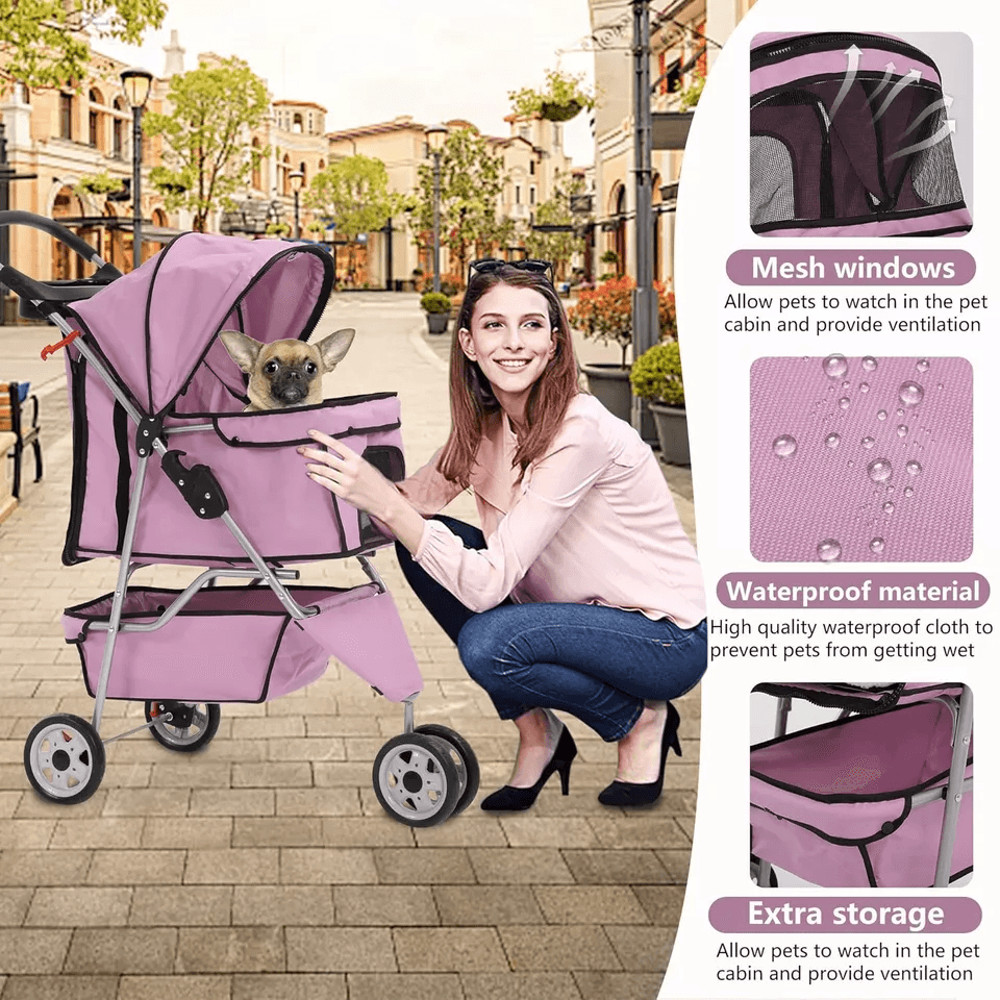 New Pink Pet Stroller Cat Dog Cage 3Wheel Folding Travel Carrier For Pets Lightweight Waterproof Do 3