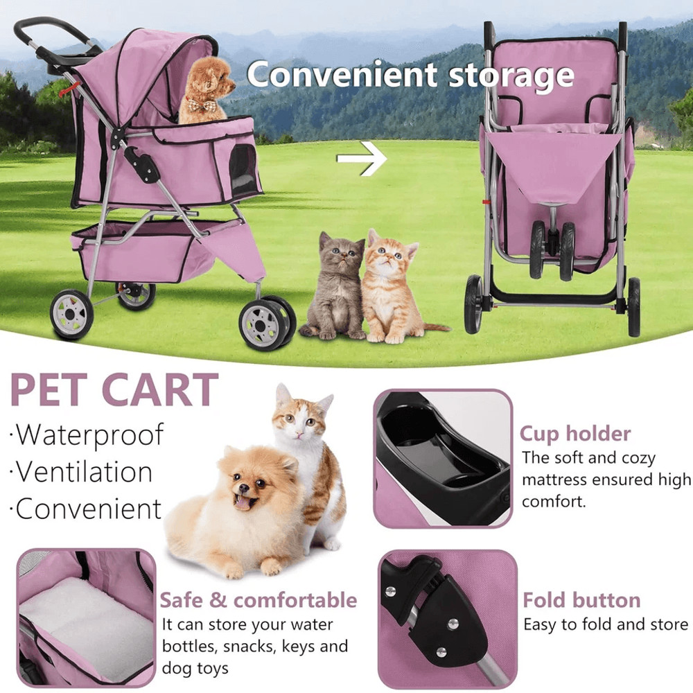 New Pink Pet Stroller Cat Dog Cage 3Wheel Folding Travel Carrier For Pets Lightweight Waterproof Do 4