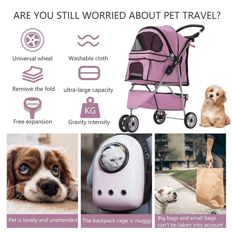 New Pink Pet Stroller Cat Dog Cage 3Wheel Folding Travel Carrier For Pets Lightweight Waterproof Do 5