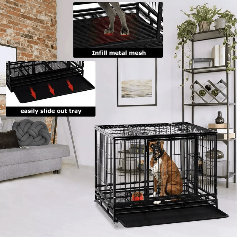 Heavy Duty Large Dog Crate Kennel 48 Steel Pet Cage With Lockable Wheels Removable Tray Ideal For T 3