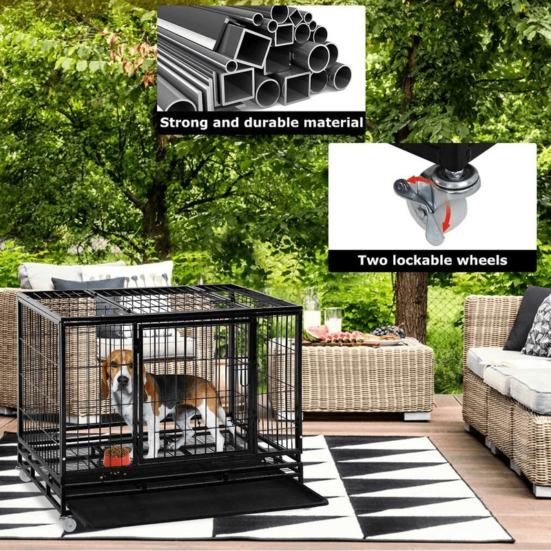Heavy Duty Large Dog Crate Kennel 48 Steel Pet Cage With Lockable Wheels Removable Tray Ideal For T 4