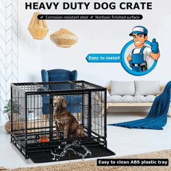 heavy duty large dog crate kennel 48" steel pet cage with lockable wheels removable tray ideal for training outdoor use
