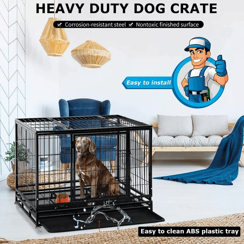 Heavy Duty Large Dog Crate Kennel 48 Steel Pet Cage With Lockable Wheels Removable Tray Ideal For T 0