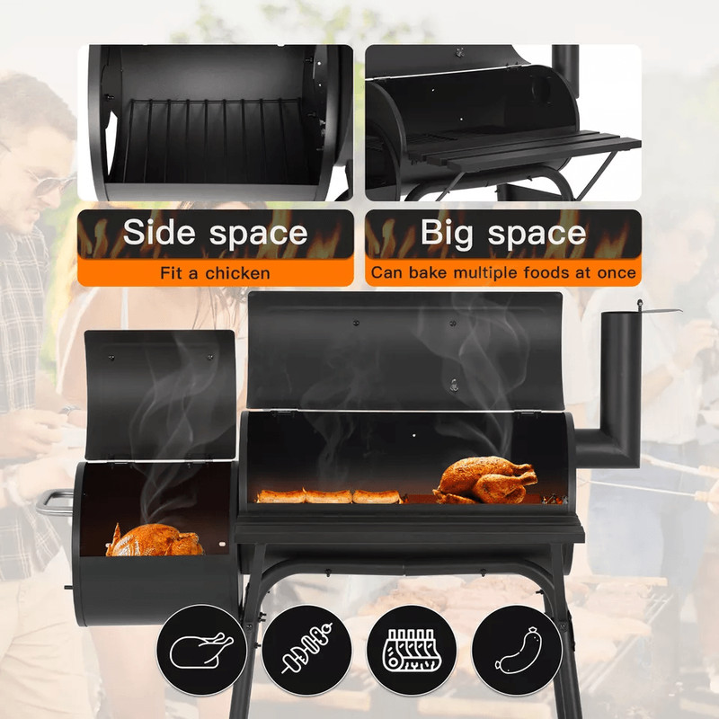 Charcoal Outdoor BBQ Grill With Offset Smoke Portable Camping Grill With Dual Ovens Temperature Mon 3