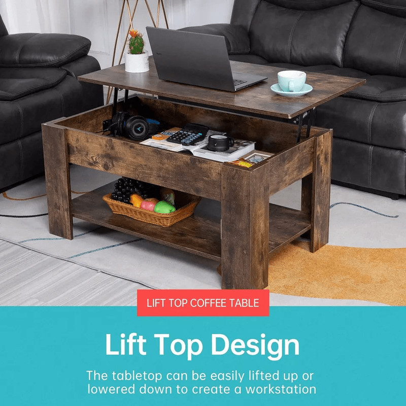 Wooden Lift Top Coffee Table With Storage Shelf Hidden Compartment Functional Modern Coffee Table 1