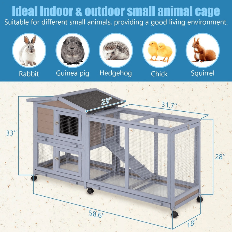 Large Wood Bunny Hutch Rabbit Cage On Wheels Indoor Outdoor Rolling Pet House For Rabbits 5