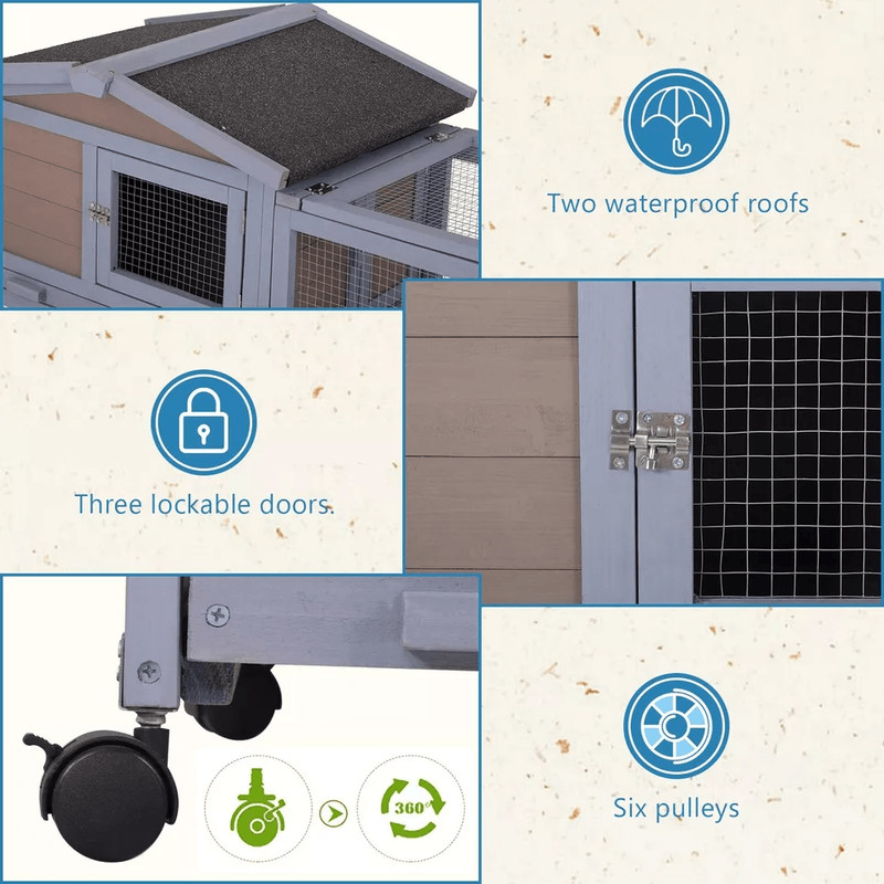 Large Wood Bunny Hutch Rabbit Cage On Wheels Indoor Outdoor Rolling Pet House For Rabbits 4