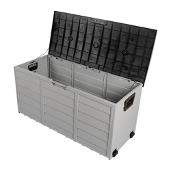 all weather uv-resistant outdoor storage deck box with wheels lockable patio garden shed bin for backyard pool tools